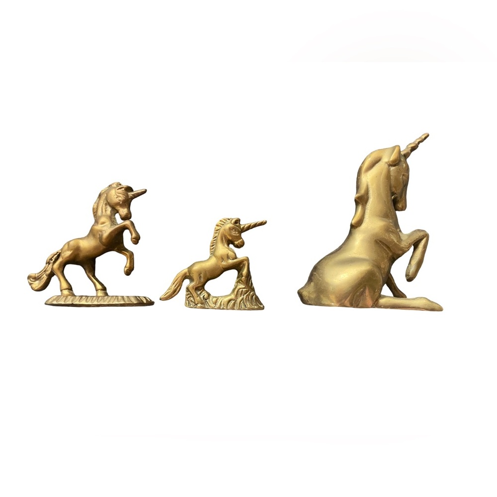 Vintage Brass Unicorn Figurines Mid-Century Decor Set Of 3 Mini To Small Size